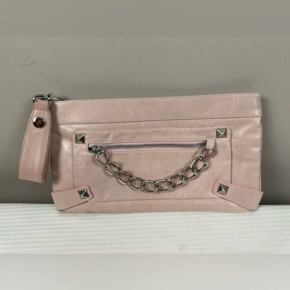 Kooba Blush Pink Leather Wristlet Clutch Studded Chain Glam Feminine Coquette - Picture 2 of 7